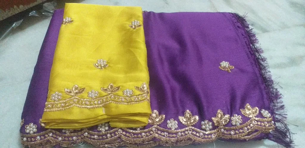 Purple Saree with Yellow Blouse and Pearl Zari Work