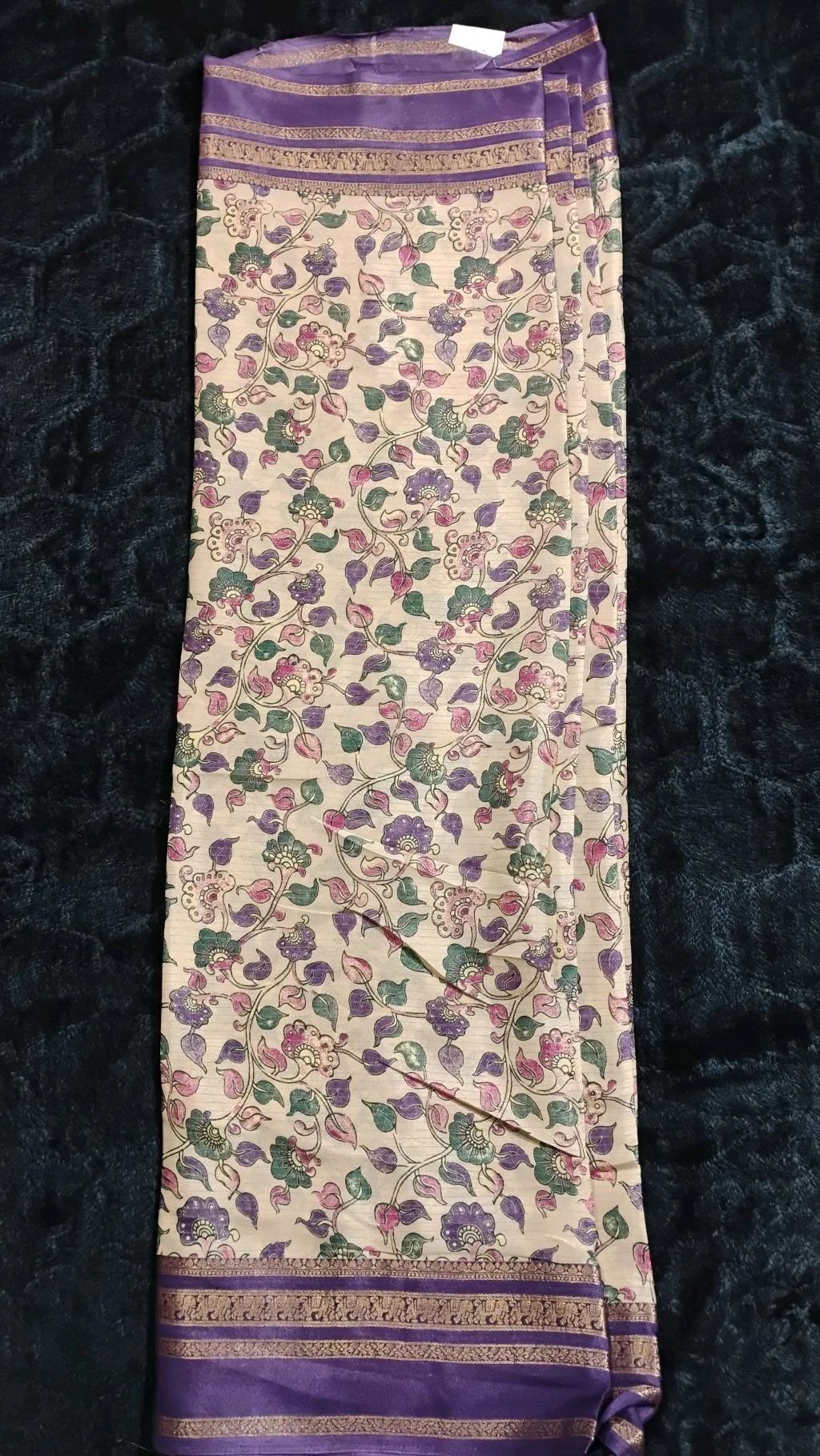 Cream Floral Print Silk Blend Saree with Purple Zari Border thumbnail 2