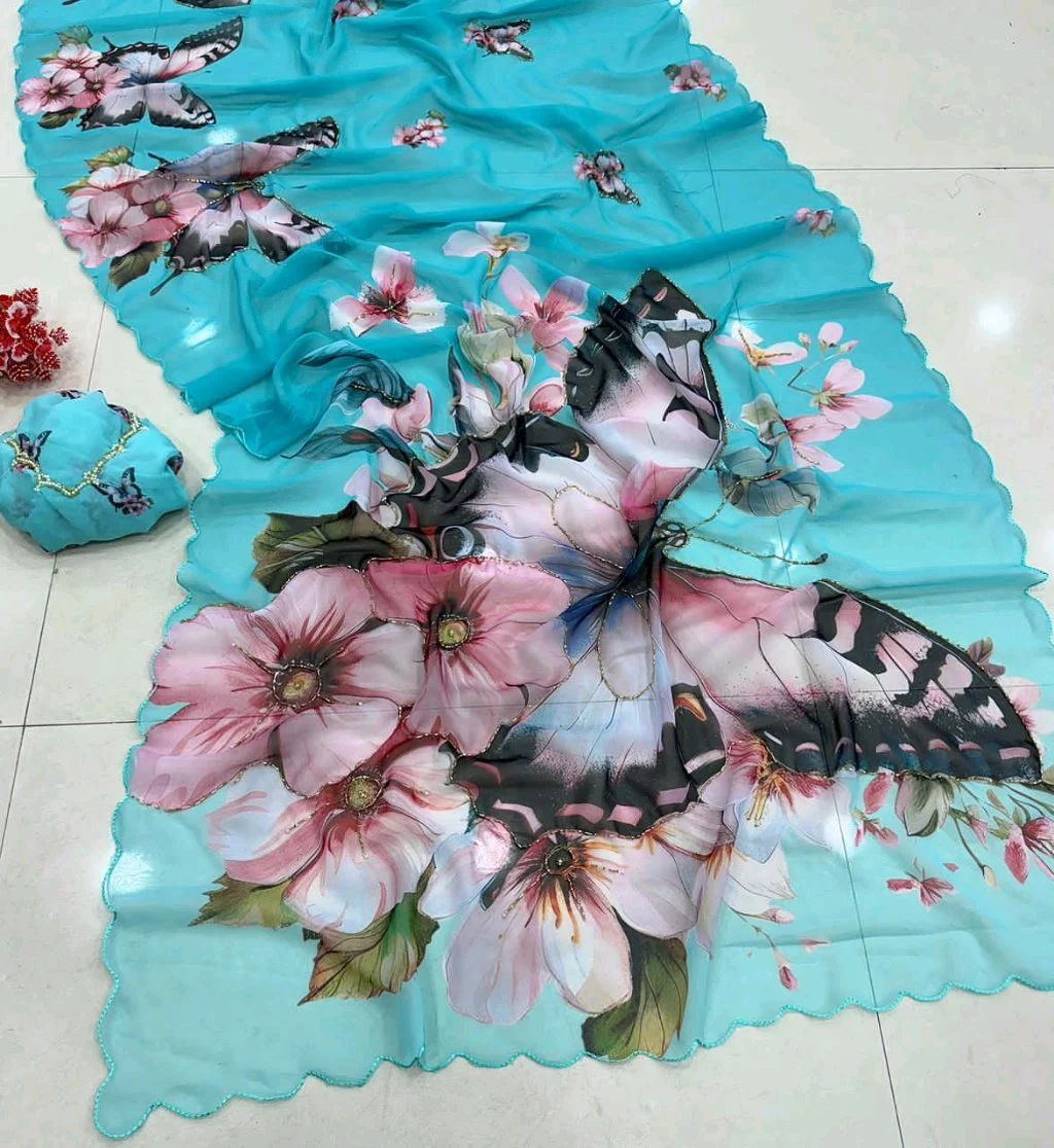 Chiffon  Floral Butterfly Print Saree with Scalloped Border 6