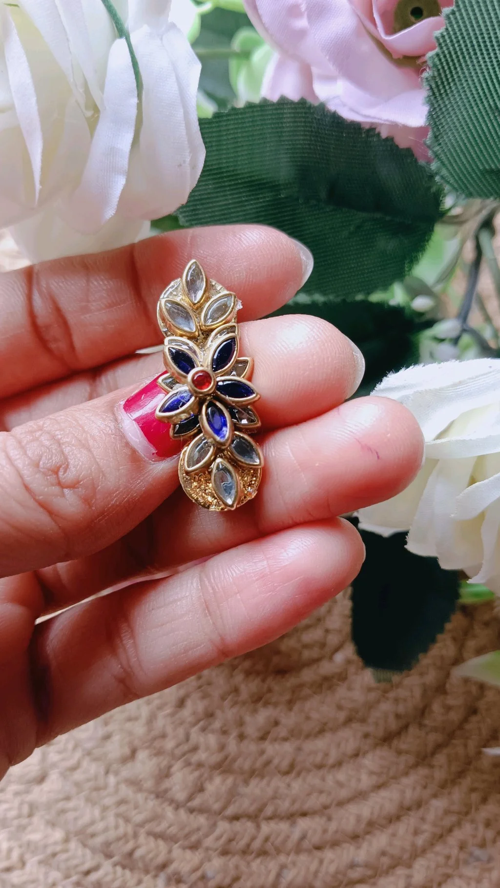 Gold Tone Floral Saree Brooch Pin with Blue and Red Stones