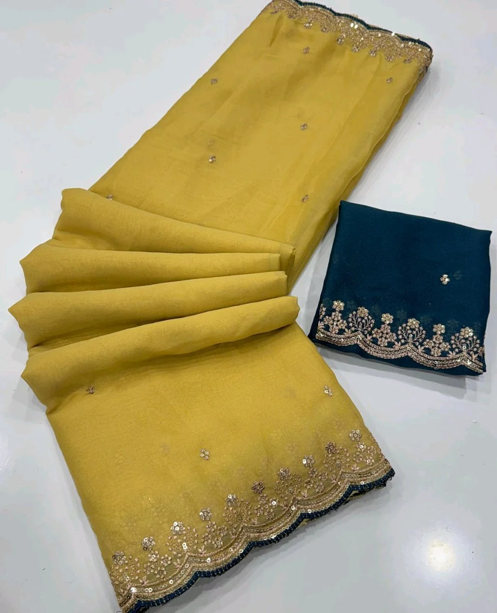 Georgette Saree with Gold Sequin Embroidery and Red Scalloped Border 5