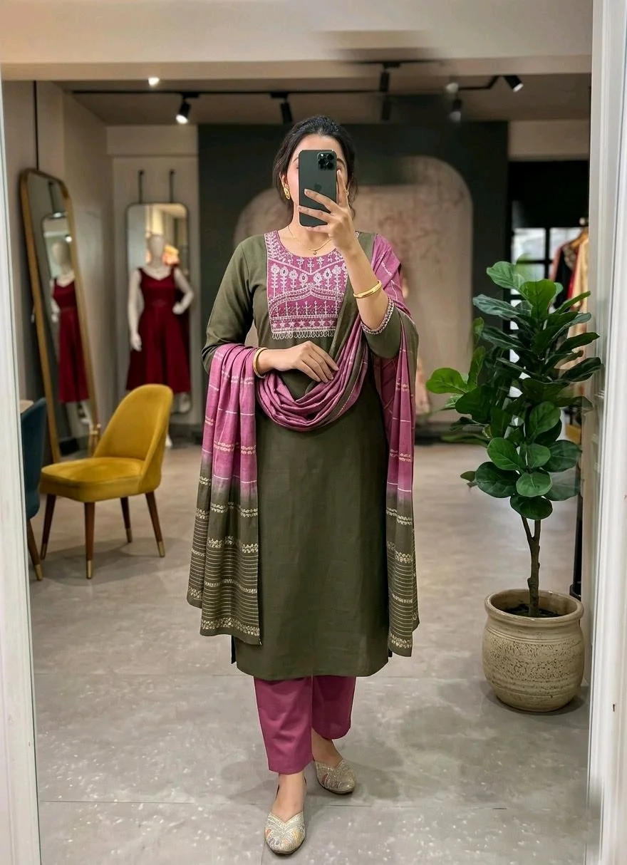 Embroidered Cotton Kurti Set with Dupatta Collection 4