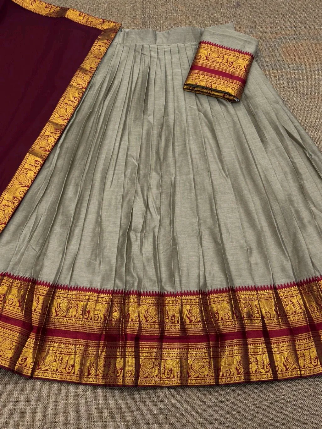 Traditional Pavadai Set with Maroon Gold Zari Border thumbnail 1