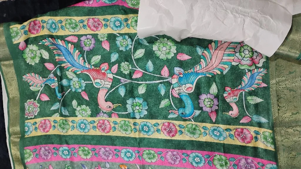 Sage Green Floral Print Saree with Zari Border thumbnail 4