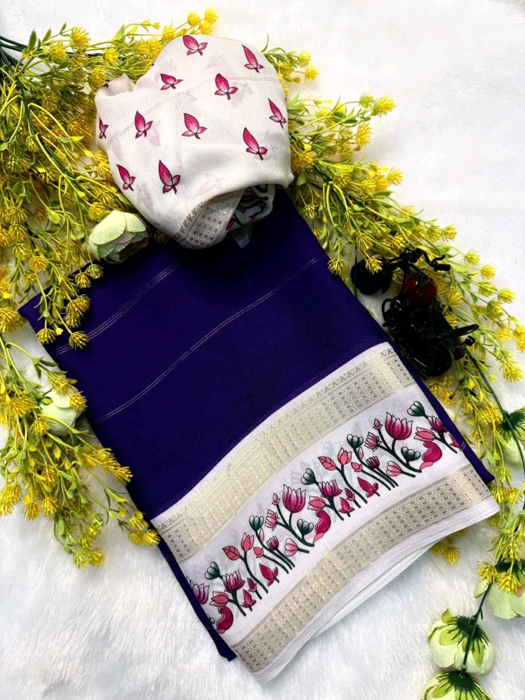 Soft Georgette Saree with Floral Printed Border and Blouse 4