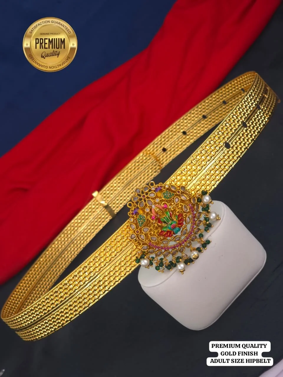 Premium Quality Gold Finish Adult Size Hipbelt with Lakshmi Peacock Design