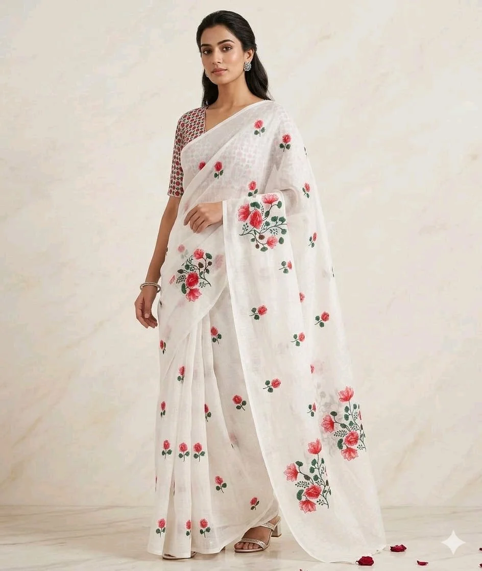 White Floral Printed Saree with Red Roses 1