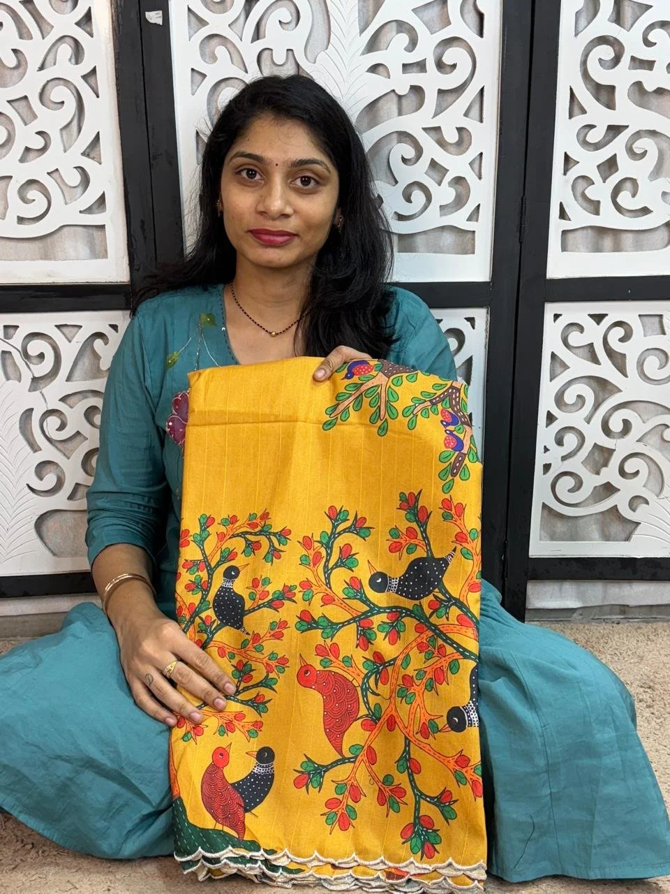 VYKUNTAPURAMNew arrivals…classy yellow colour sareeBeautiful light weight Tusser saree Allover saree nice colourfully kalamkari desgin...classy flower scalapup boarder..Price 1150 1