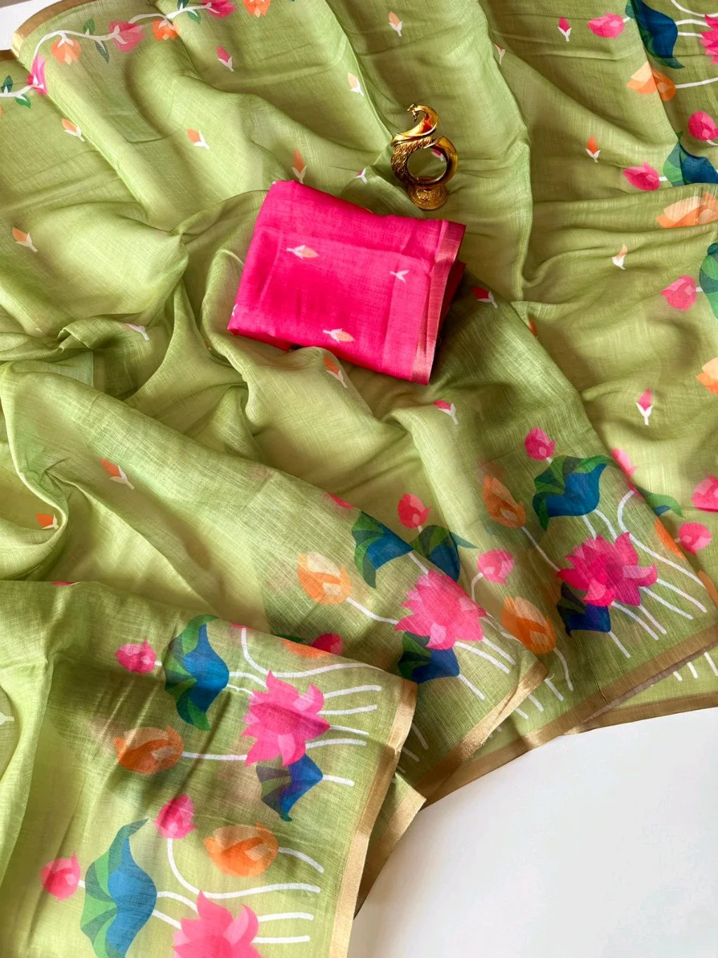 Green Floral Lenin Cotton Saree with Pink Blouse Piece thumbnail 2