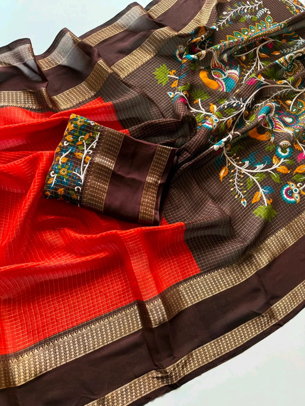 Orange Checked Cotton Blend Saree with Brown Zari Border and Floral Blouse thumbnail 5