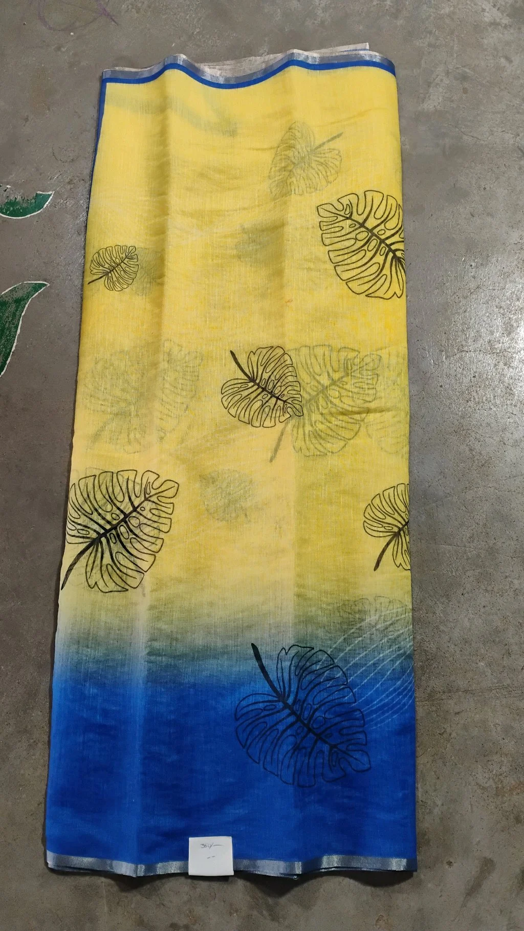 Yellow Blue Ombre Linen Saree with Leaf Print thumbnail 2