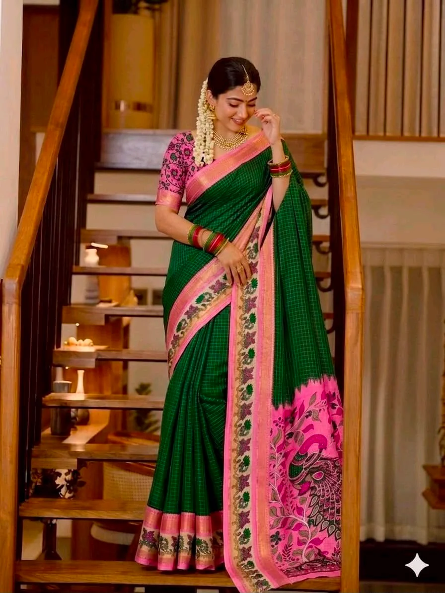 Mysore Silk Saree with Peacock and Lotus Border thumbnail 5
