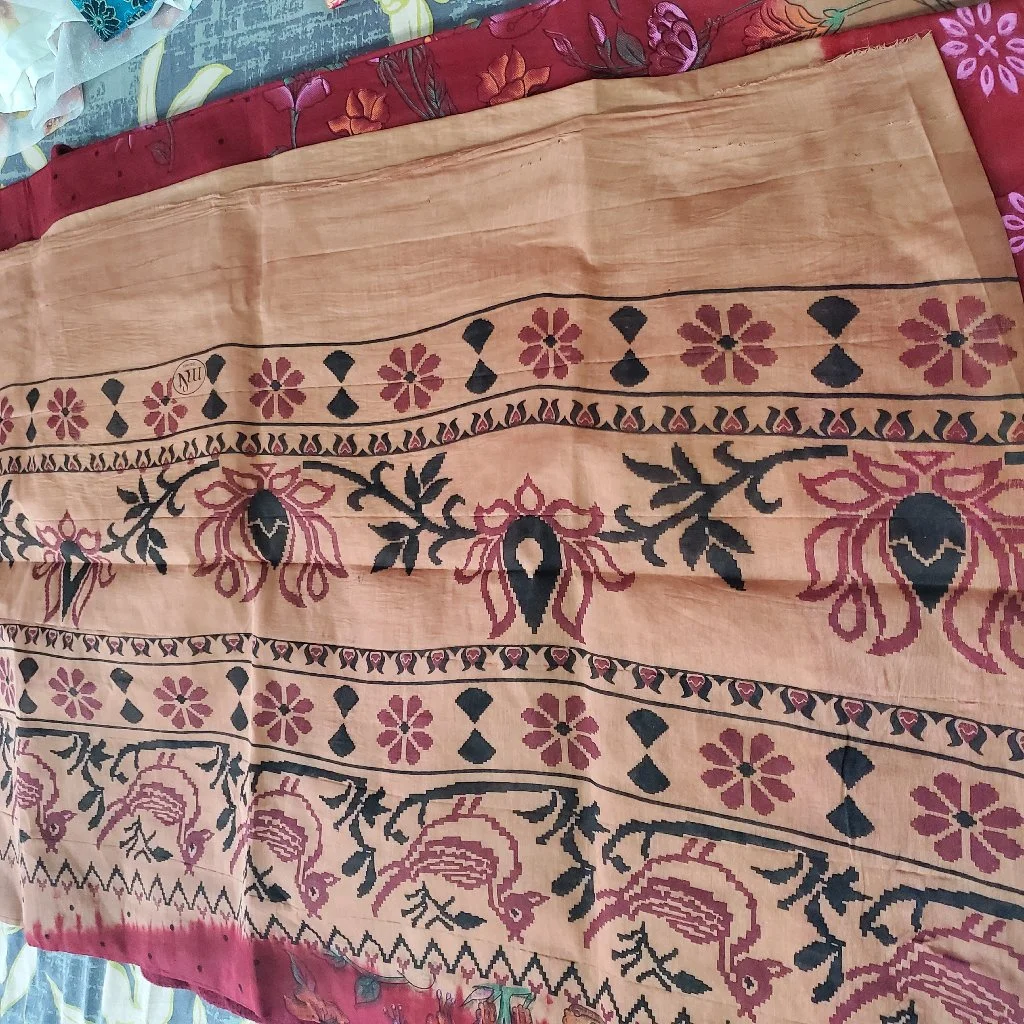 Red Khadi Floral Bird Print 100 Count Cotton 4 Colour Combination Print Saree. thumbnail 2