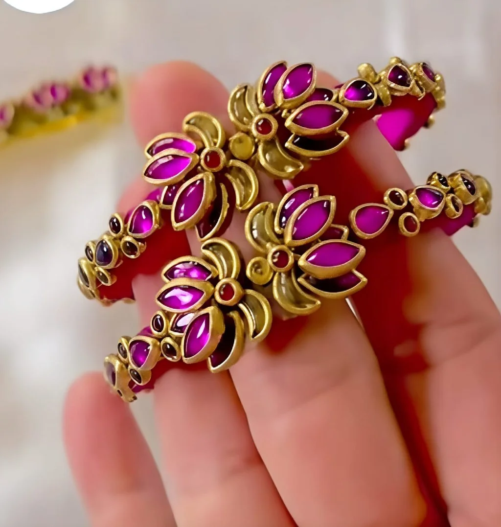 Gold Toned Floral  Thread Bangle Set with Magenta Stones Customisation Available