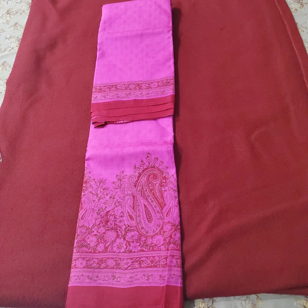 Pink Paisley Floral Print 120 Count Pure SilkFabric with Red Border