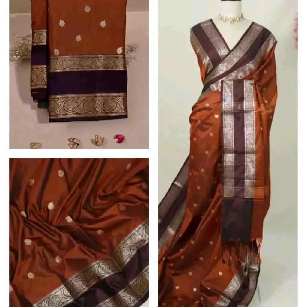 Orange Kanchipuram Silk Saree with Purple Border and Gold Zari Work 6