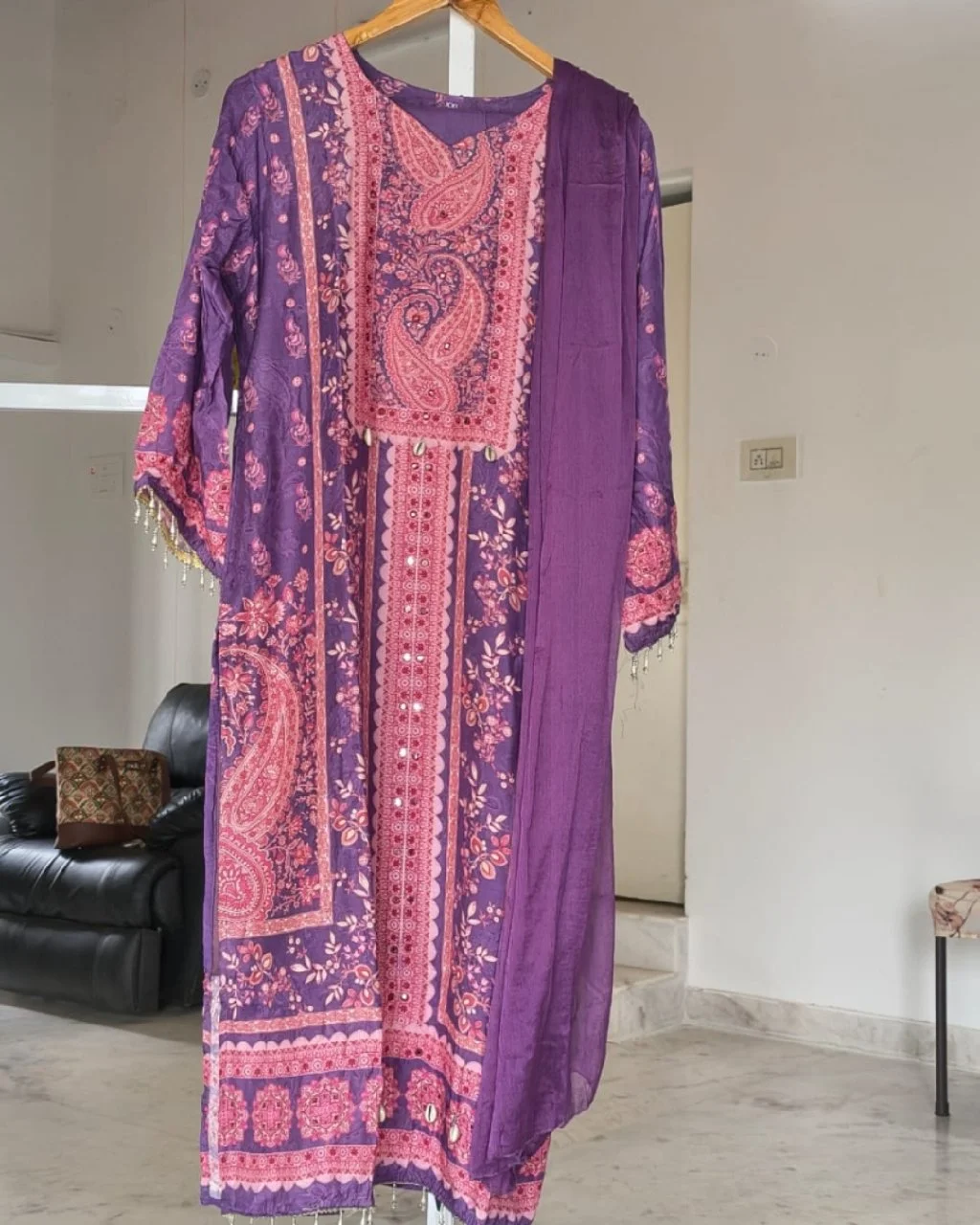 Purple Paisley Print Muslin Suit Set with Lace Work