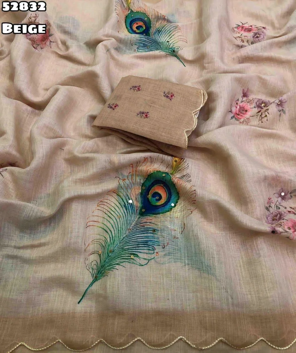 Soft Lenin With Peacock Feather Embroidered Saree with Floral Blouse thumbnail 8