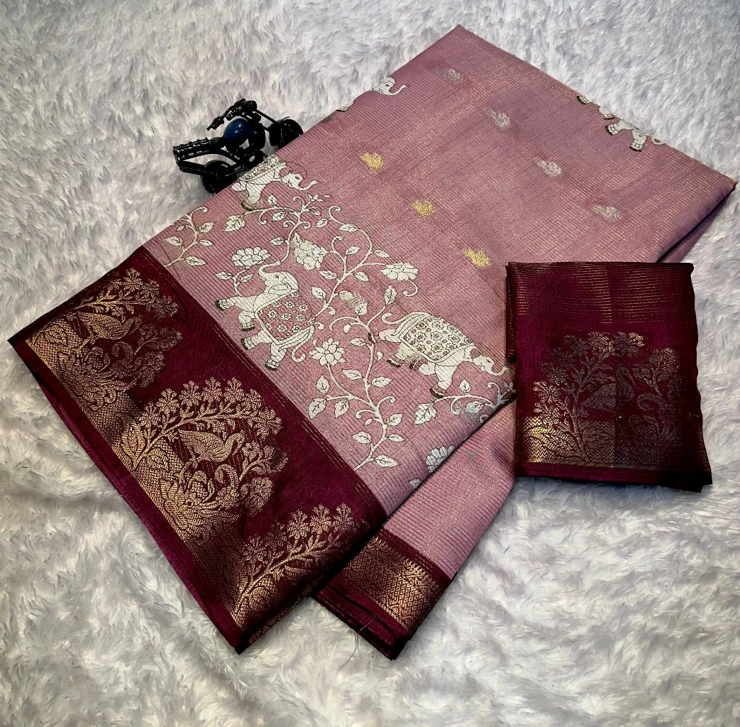 Mauve Tussar Silk Saree with Golden Zari Embroidery thumbnail 1