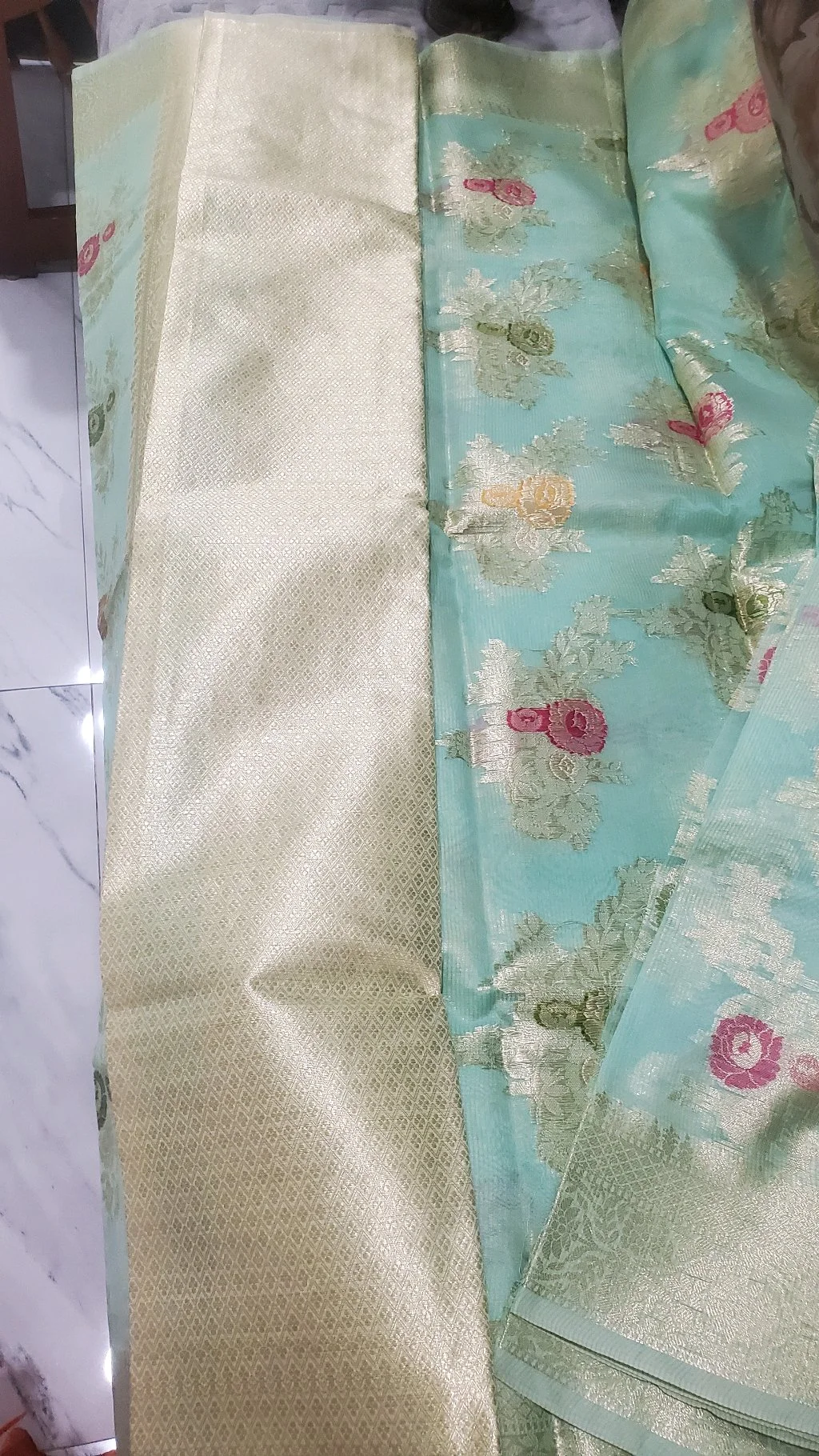 Light Green Banarasi Style  Manipuri Kota Saree with Floral Motifs and Gold Zari Border 4