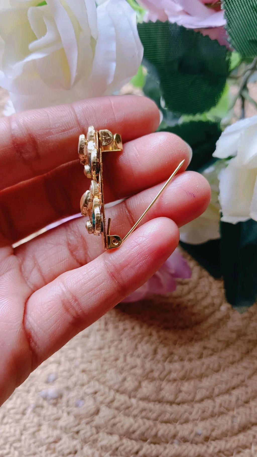 Gold Tone Floral Saree Brooch Pin with Peach and Teal Enamel thumbnail 4