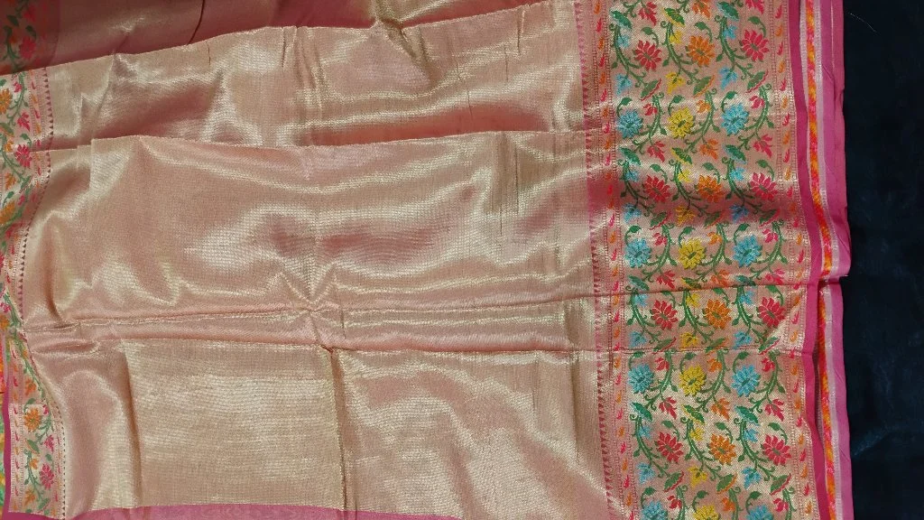 Light Yellow Floral Fancy Saree with Pink Zari Border thumbnail 4