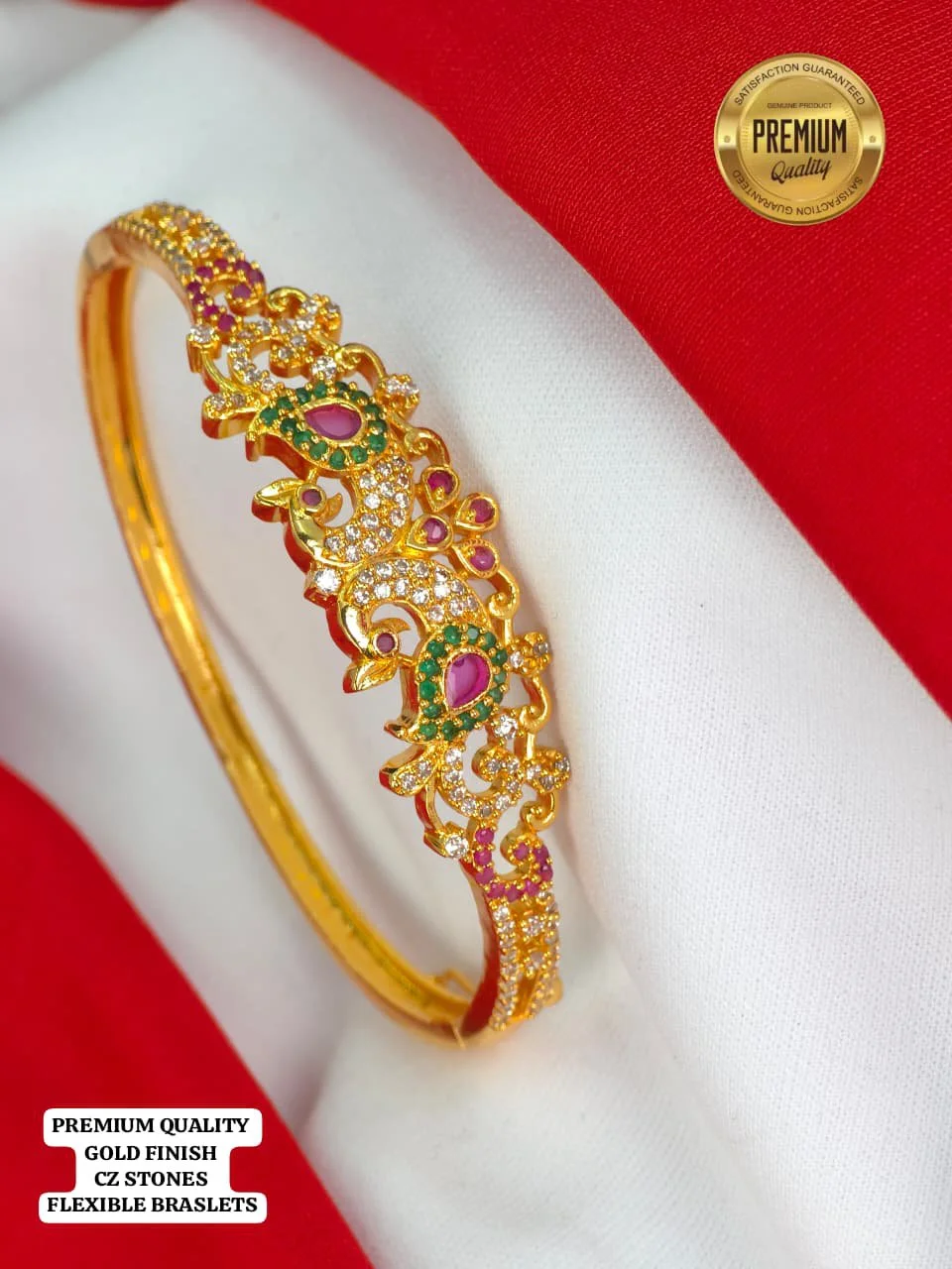 Gold Finish Peacock Design Flexible Bracelet with CZ Stones