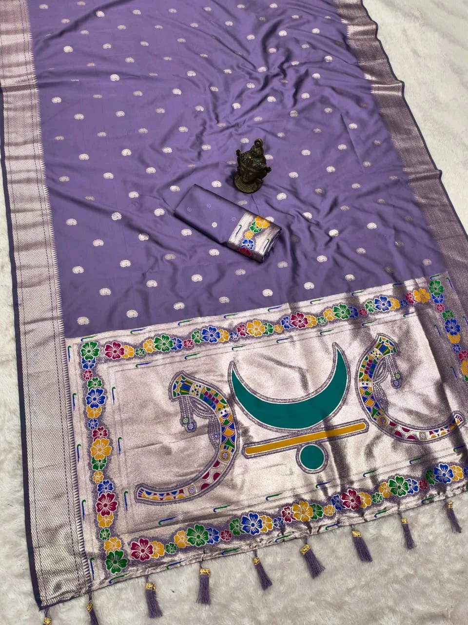 Banarasi Silk Blend Saree with Silver Zari and Paithani Inspired Pallu 9
