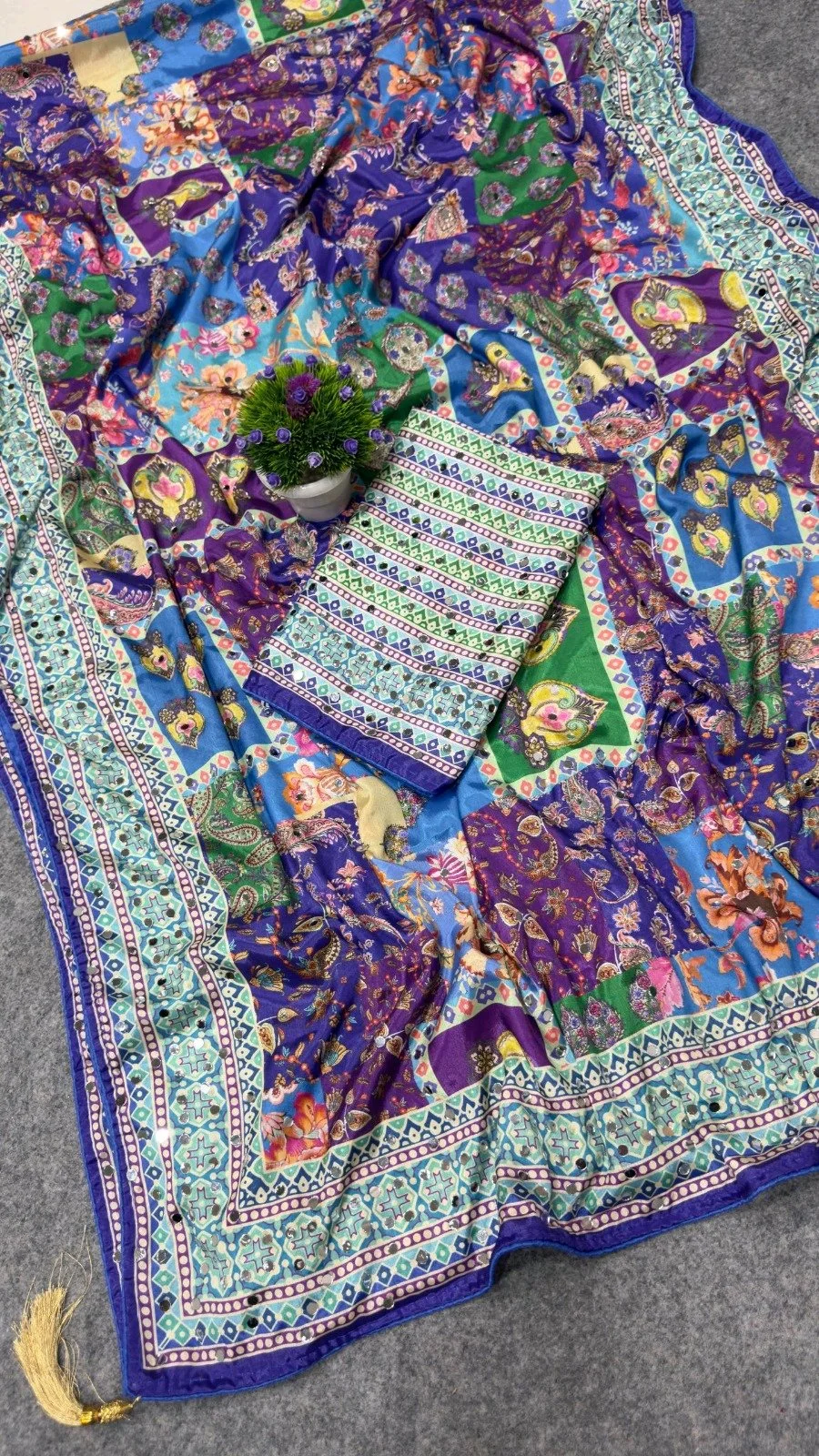 Multi-Color Mirror Chinnon Silk Work Saree with Embellished Blouse 2