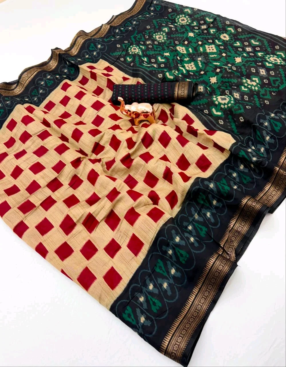 Beige and Black Ikat Print Saree with Red Checks thumbnail 5