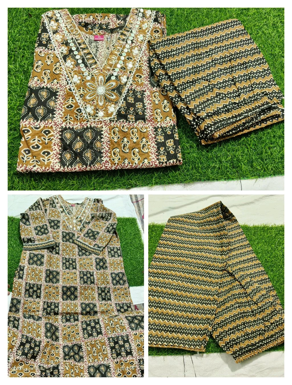Brown Block Print Cotton Suit Set with Mirror Work 2