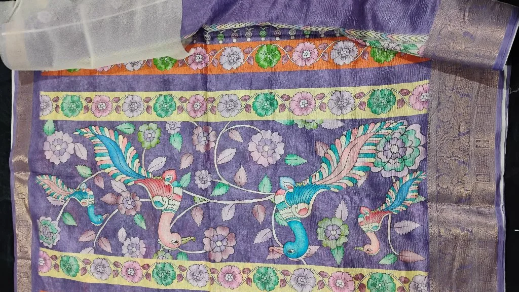 Lavender Floral Peacock Print Saree with Zari Border thumbnail 3