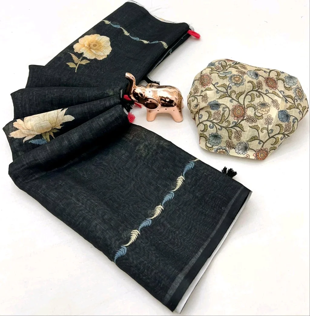 Floral Print Linen Blend Saree with Blouse Piece 4