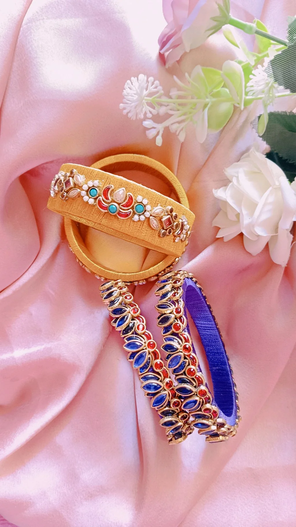 Traditional Gold and Blue Embellished Bangle Set