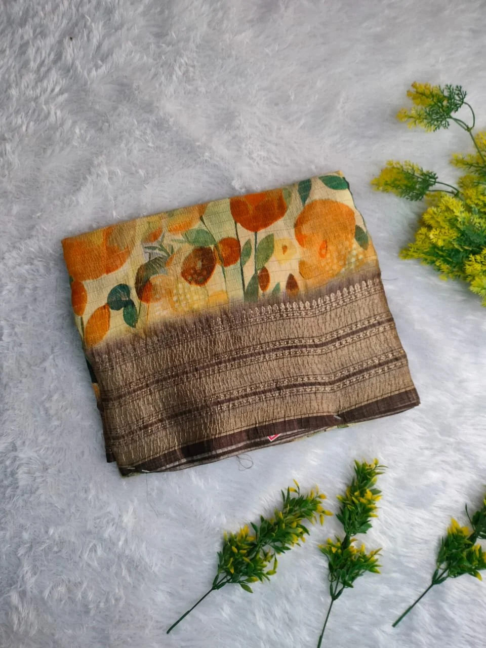 Orange, Green, Onion Floral Print Saree with Textured Zari Border thumbnail 1