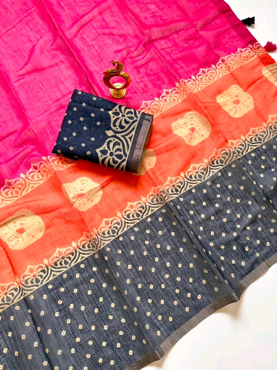Rani Pink Saree with Black Floral Block Print and Printed Blouse thumbnail 5