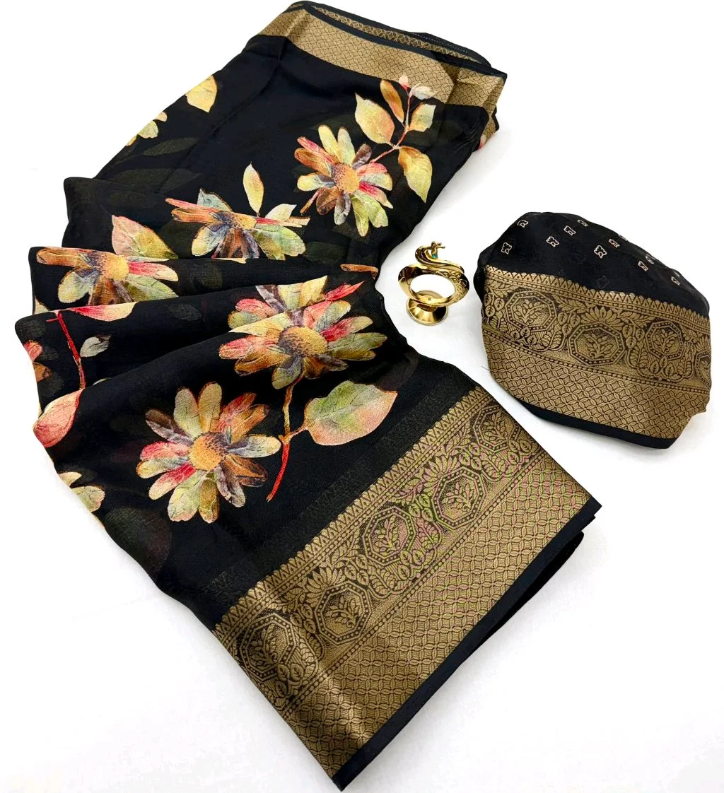 Marshmellow  Floral Print Saree with Zari Border 4