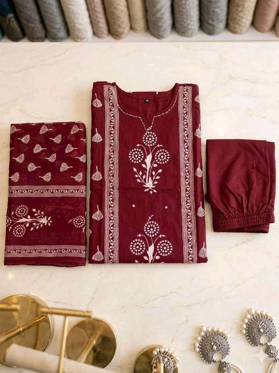 3-piece Kurti Set with Block Print Dupatta and Palazzo thumbnail 4