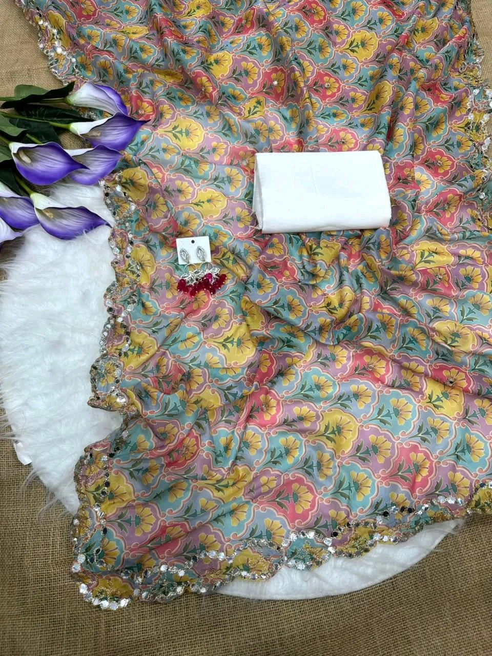 Multicolor Floral Print Dress Material Set with Sequin Border 2