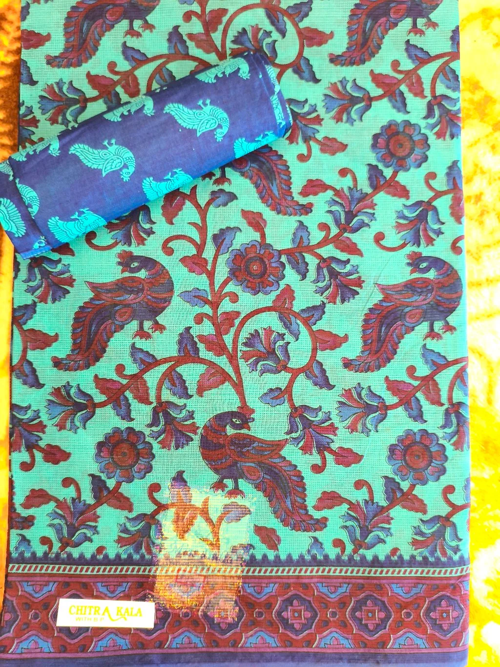 Chitra Kala Teal Cotton Saree with Peacock and Floral Print 1