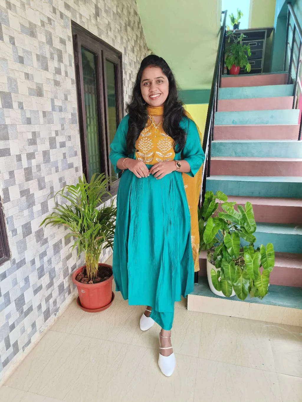 Teal and Mustard Embroidered Kurta Set