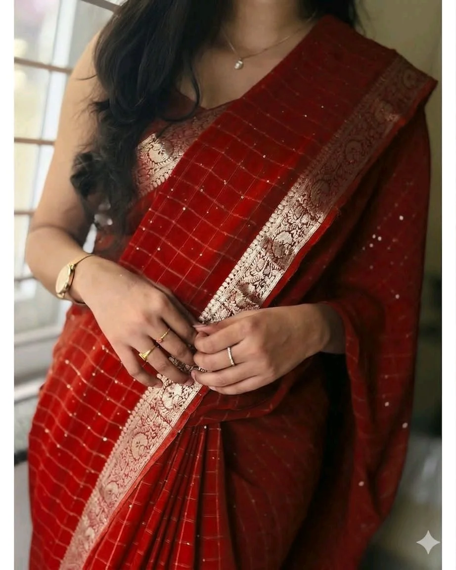 Viscose Georgette Saree with Gold Zari Checks and Border 1