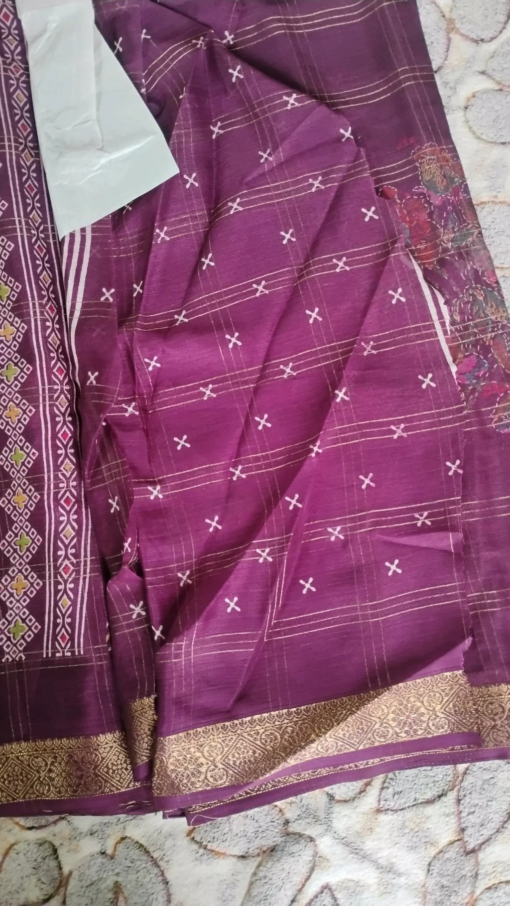 Purple Silk Blend Saree with Gold Checkered Pattern and Floral Print thumbnail 4