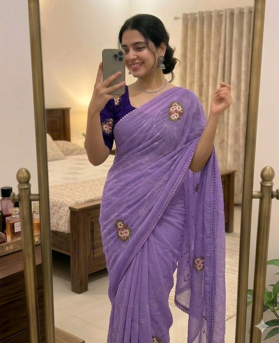 Georgette Saree with Floral Embroidery Design thumbnail 10