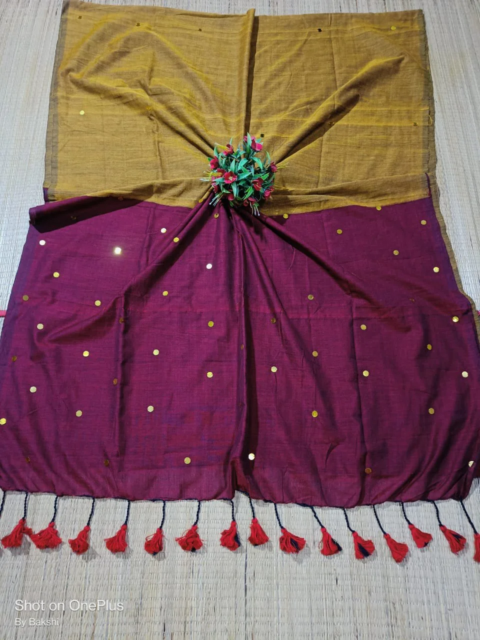 Two-Tone Saree with Golden Dots and Tassels