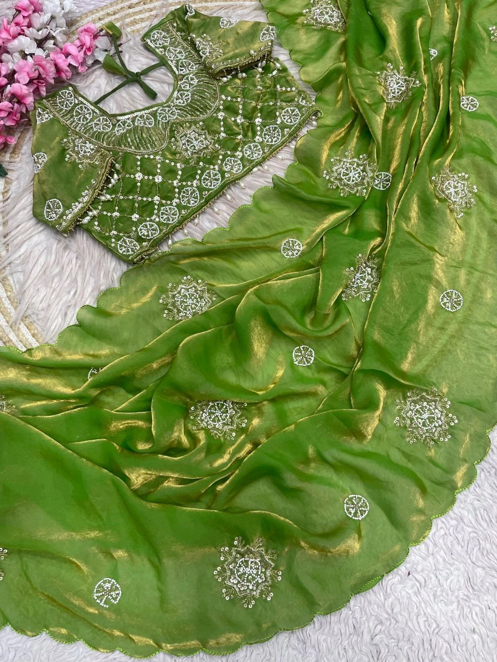 Green Shimmer Organza Saree with Embroidered Blouse
