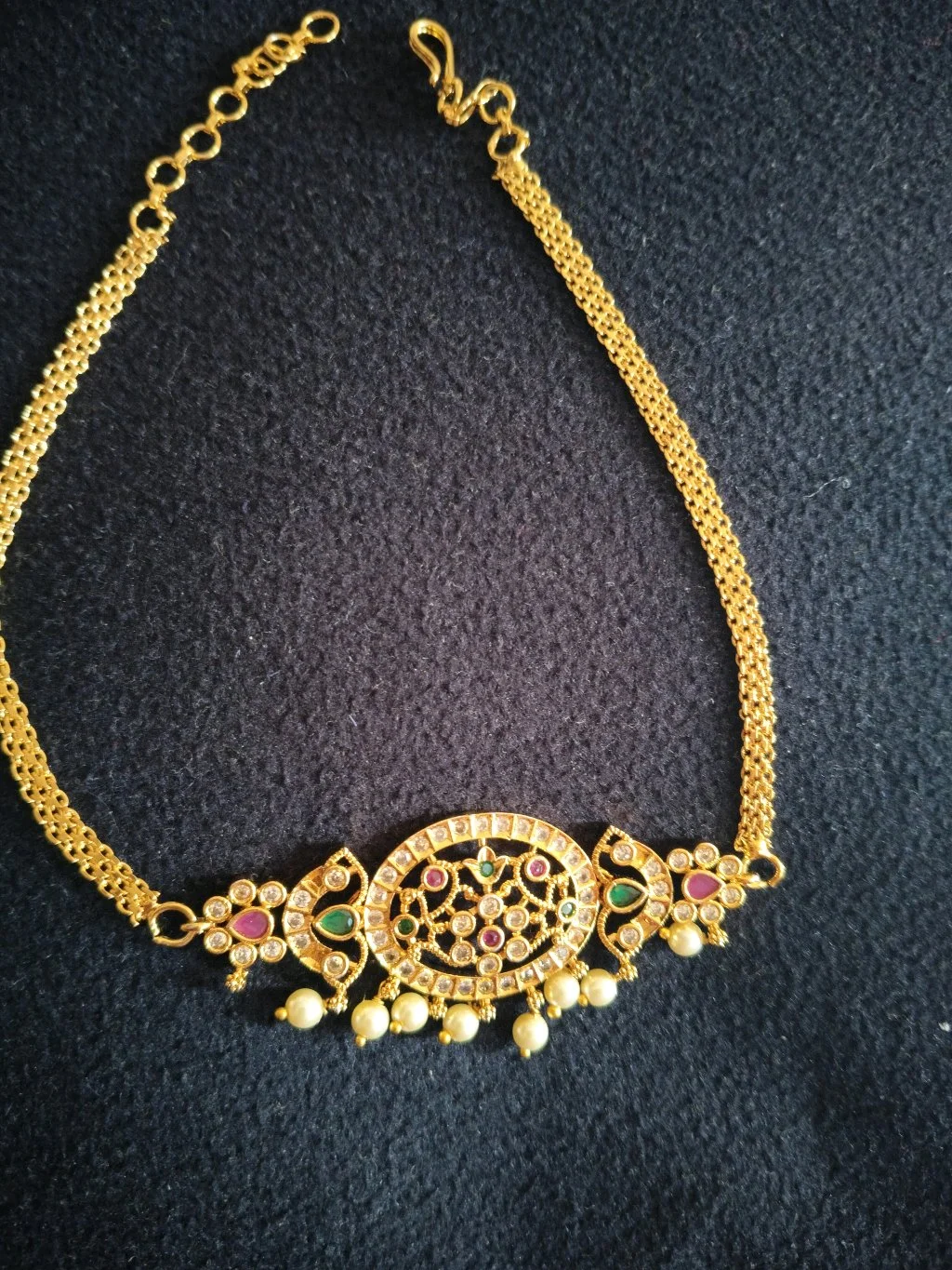 Gold Plated Traditional Necklace with Ruby Emerald and Pearl Drops