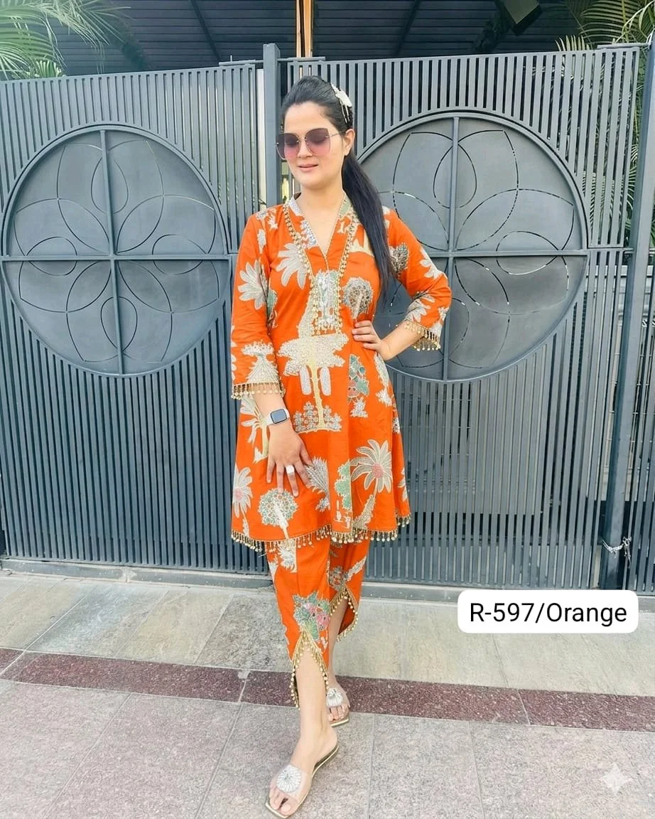 Code-R-597 FBRTulip Pants Set Highlights:• Premium pure cotton fabric• Eye-catching screen print design• Elegant gher-style kurti• Trendy tulip pants with lace finish• Designer latkan detailing on sleeves neckline hem and tulip pants• Perfect for festive, casual & day outingsColours-Orange,Yellow,Cream,Black,Blue,Red,Green,magentaQuality assured 100%Sizes-(34-44)(XS-XXL)plus sizes starts from 46-60 with extra chargePrice-1350 free shipPlus size chart and prices attached46/48-100 extra50/52-150 extra54/56-200 extra58/60-250 extraKeep shopping Keep selling 3