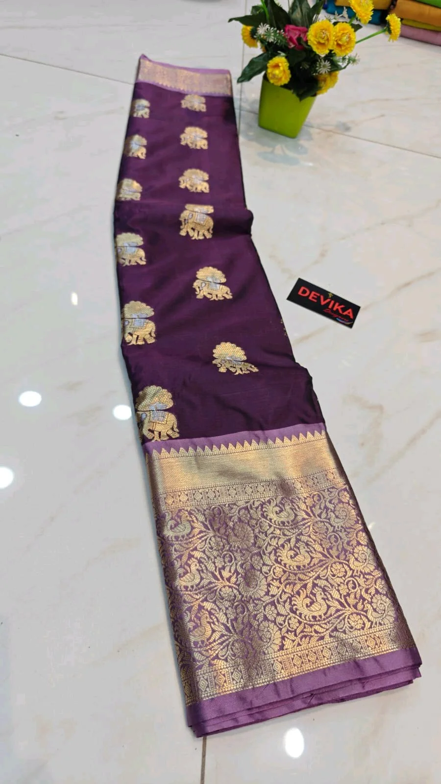 New Kanjivaram Soft Pattu Silk Blend Saree with Gold Zari Elephant Peacock Border 6