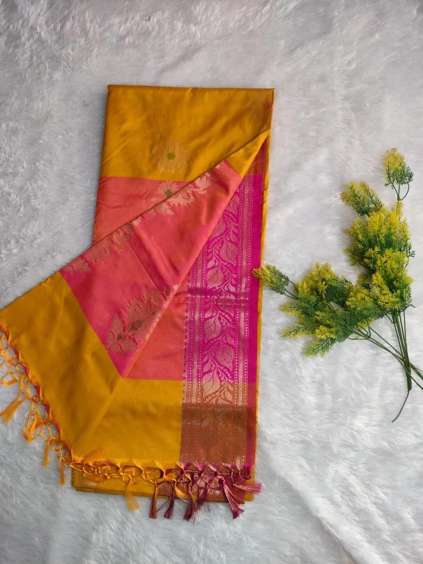 Mustard Yellow Semi Uppada Saree with Pink Zari Border